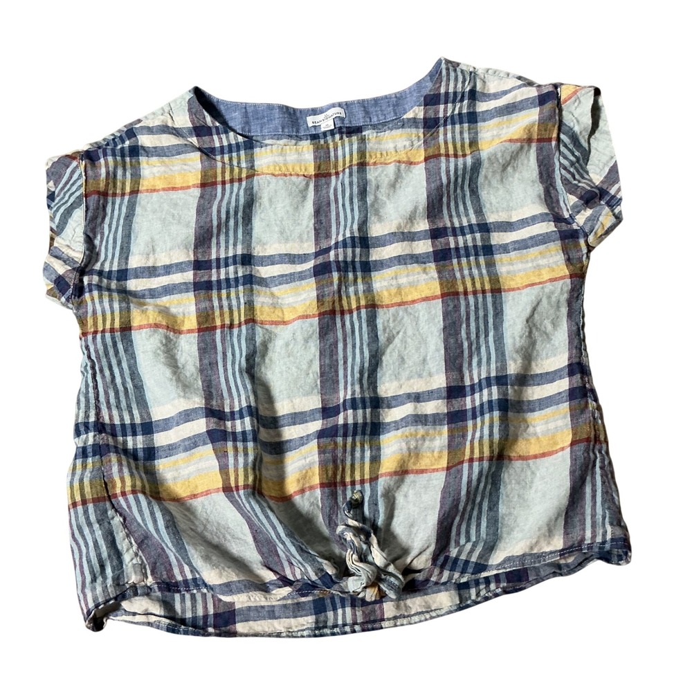 LL Bean Signature Minimalist Womens M Blue Plaid 100% Linen Tie Front Top 503765